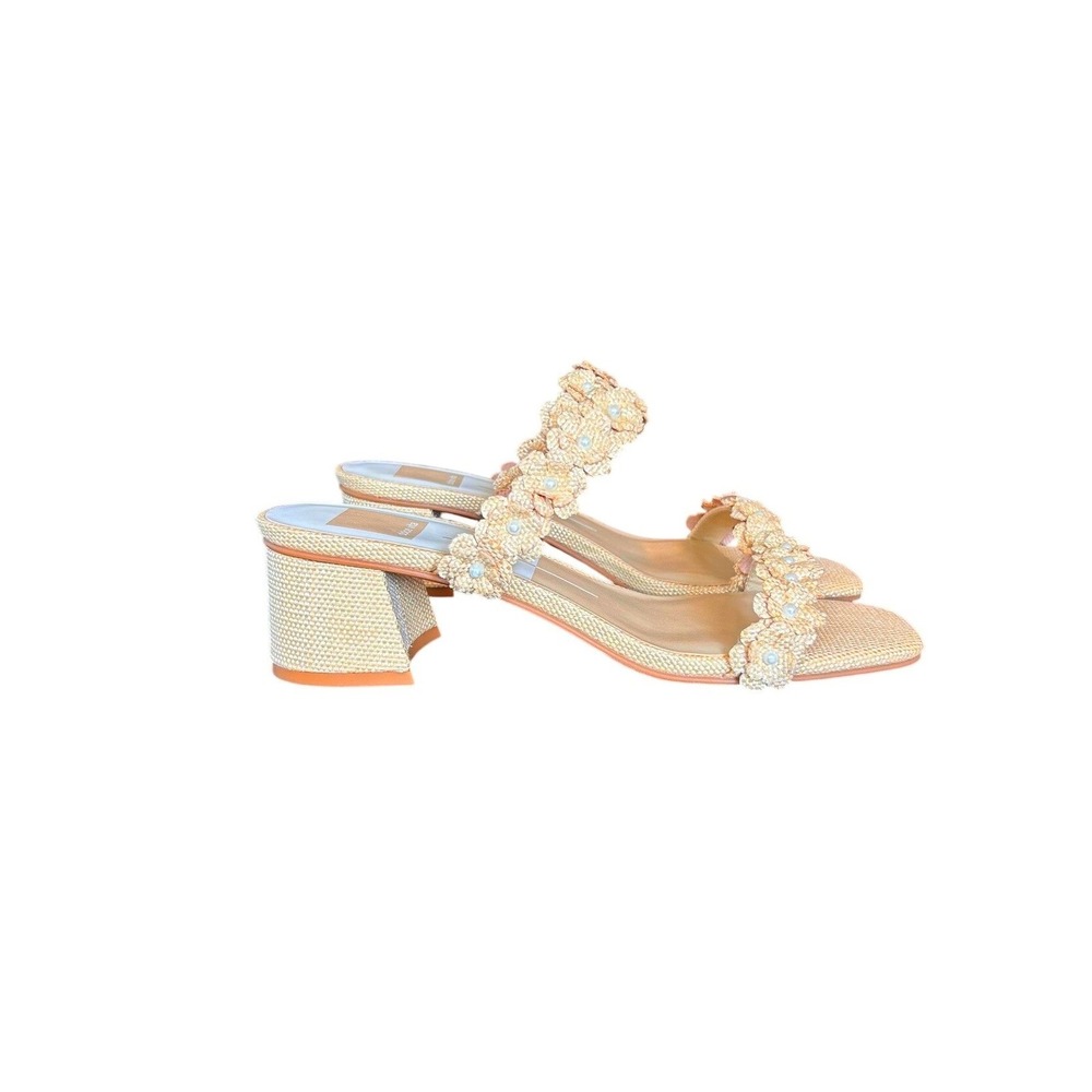 Dolce Vita Kanika Natural Raffia Floral Pearl Block Heel Slide Sandals Size 7